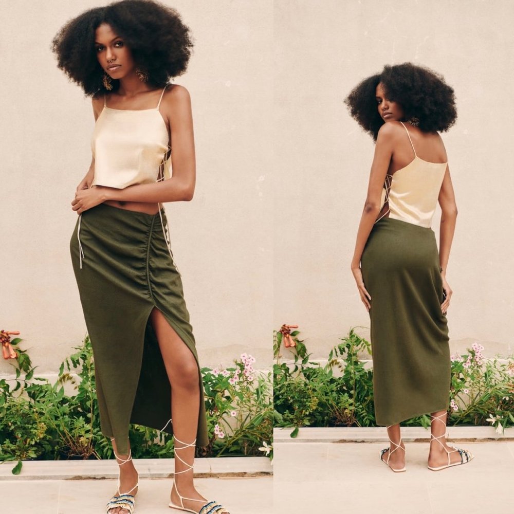 Zara Ruched Linen Blend Midi Skirt M NWT